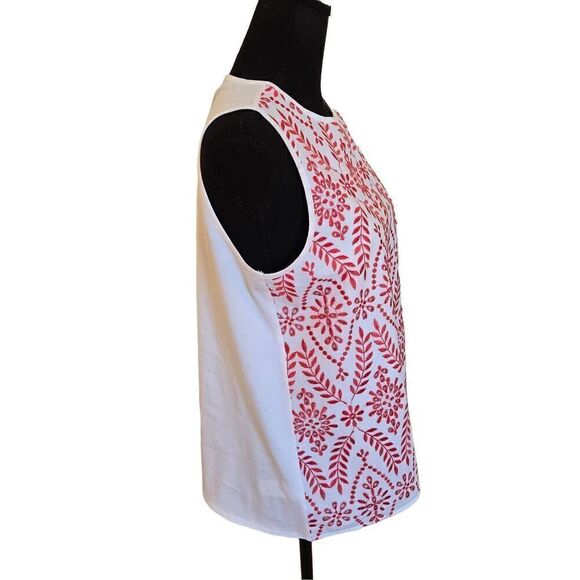 Ann Taylor Womens Sleeveless Red White Embroidered Cotton Tank Blouse Medium Pet - Picture 2 of 11